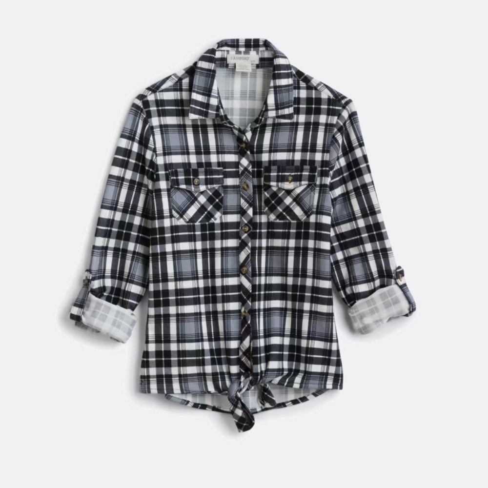 Passport Black and White Plaid Kids Button Down Shirt
